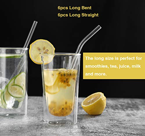  8"x8mm Long Reusable Glass Straws, Clear Drinking Straws For Smoothie, Milkshakes, Tea, Juice-12 Pack Including 6 Straight And 6 Bent With 2 Cleaning Brush, Perfect For Hot Or Cold Drinks