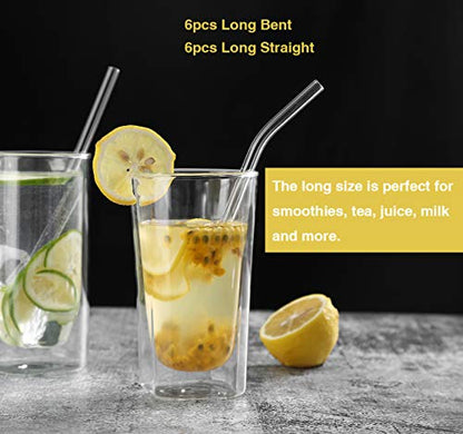  8"x8mm Long Reusable Glass Straws, Clear Drinking Straws For Smoothie, Milkshakes, Tea, Juice-12 Pack Including 6 Straight And 6 Bent With 2 Cleaning Brush, Perfect For Hot Or Cold Drinks