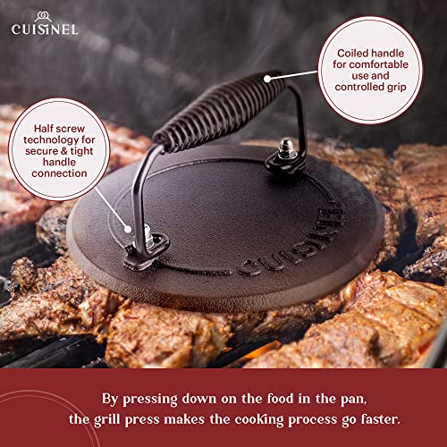  Ast Iron Skillet + Grill Press + Scraper Set - 10"-inch Pre-Seasoned Frying Pan + Silicone Handle Grip - 7" Round Burger Smasher - Indoor/Outdoor, Stove, Oven, Grill, Induction Safe Kitchen Cookware