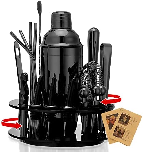  Bartender Kit: 19-Piece Black Cocktail Shaker Set With Rotating Stand,Stainless Steel Bar Tools Set For A Fantastic Mixing Experience, Ideal As Gift Or For Home