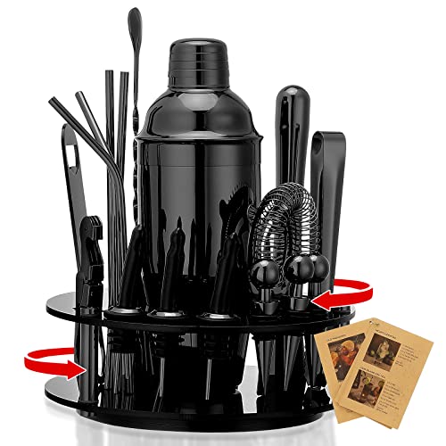  Bartender Kit: 19-Piece Black Cocktail Shaker Set With Rotating Stand,Stainless Steel Bar Tools Set For A Fantastic Mixing Experience, Ideal As Gift Or For Home