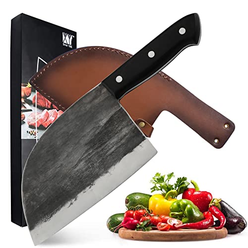  Handmade Forged Camping Chef Knife Full Tang Butcher Knife Outdoor Meat Vegetable Knives For BBQ Hunting With Leather Sheath