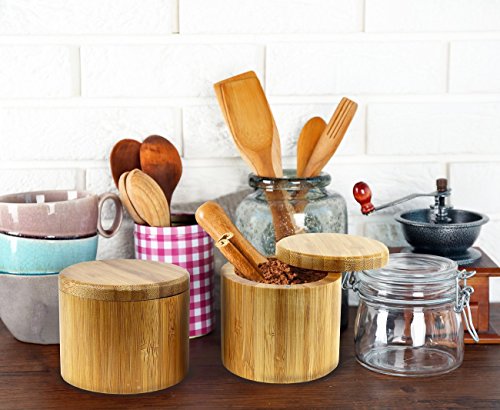  2 Pc Premium Bamboo Salt And Pepper Bowls, Wooden Spice Containers With Magnetic Swivel Lids, Perfect For Salt, Spice, Sugar, Pepper
