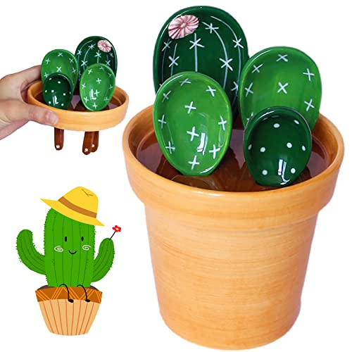  Cactus Measuring Spoons And Cups Set, Cute Ceramic Measuring Spoons, Baking Cacti Measuring Spoon With Holder For Milk Powder Sugar Salt Wet Dry Ingredients, Kitchen Home Small Decorations Ornaments