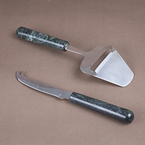  Genuine Green Marble 2 Piece Serving Set With Solid Marble Handle Includes Stainless Steel Cutter Slicer And Cheese Knife, 3" W X 9" L, Green