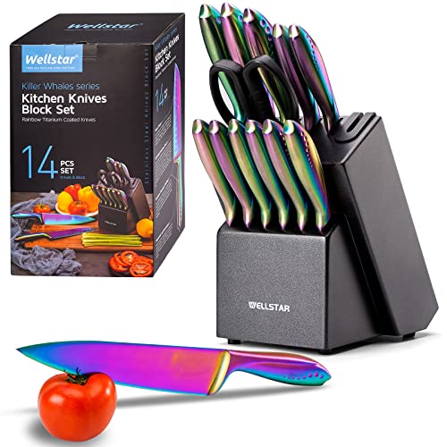  Rainbow Knife Set 14 Pieces, Iridescent German Stainless Steel Kitchen Knives Set With Wooden Block, Colorful Titanium Coating, Chef’s Knife Block Set With Scissors And Built-in Sharpener