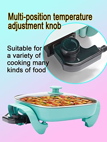  Electric Skillet Ceramic Nonstick 5QT - 12" Square With Glass Lid, Adjustable Temperature Control, Dishwasher Safe, Turquoise, Nozaya