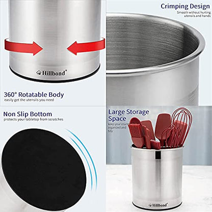  Stainless Steel Utensil Holder With Removable Divider For Easy Clean, 360° Rotating Kitchen Utensil Crocks With Weighted Base For No Tipping Over, Utensil Caddy Organizer (EXTRA LARGE)