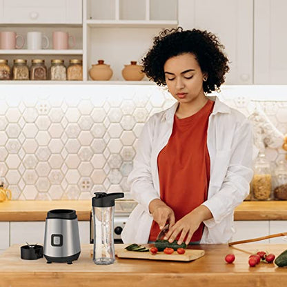  Kakaroof Smoothie Blender Personal Size For Shakes And Smoothies, 300 Watt Single Serve Small Blender With Two 20oz BPA-Free Travel Sport Bottles Silver