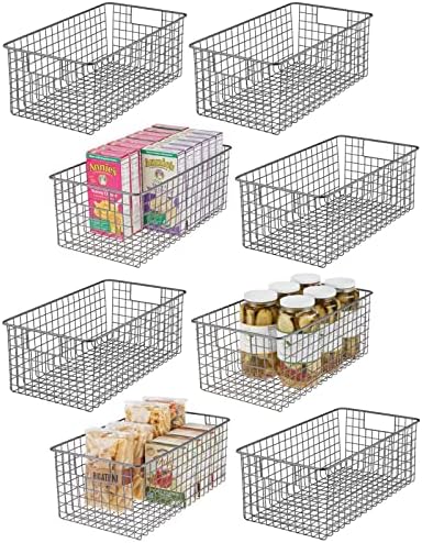  MDesign Metal Wire Food Storage Basket Organizer With Handles For Organizing Kitchen Cabinets, Pantry Shelf, Bathroom, Laundry Room, Closets, Garage - Concerto Collection - 8 Pack - Soft Brass