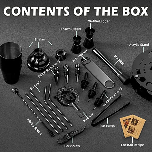 Bartender Kit: 19-Piece Black Cocktail Shaker Set With Rotating Stand,Stainless Steel Bar Tools Set For A Fantastic Mixing Experience, Ideal As Gift Or For Home