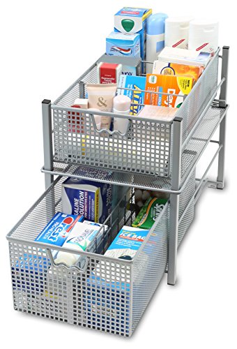  Mesh Cabinet Basket Organizer With Split Card, Silver (Large - 10 X 15.8 X 7.5)