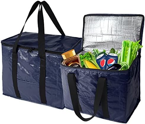  BeeGreen 2 Packs Black Insulated Grocery Bags Collapsible Shopping Cooler Thermal Tote With Zipper For Hot Cold Frozen Food Transport X-Large 60LBS Reusable Durable Long Handles Stands Upright