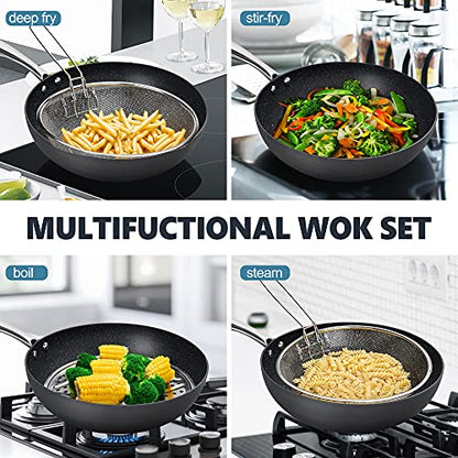  Hard Anodized Nonstick Wok With Lid, Cooking Wok Pan 12 Inch, Large Wok Pan With Flat Bottom, Induction Wok With Steamer Rack & Fry Basket, Woks And Stir Fry Pans - 5 Quart
