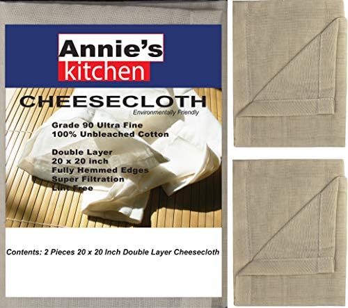  Annie's Kitchen Cheesecloth, 20x20 Inch, Grade 90 100% Unbleached Pure Cotton Muslin Cloth For Straining, Ultra Fine Reusable Hemmed Edge Double Layer Cheese Cloth Fabric For Jams, Cold Brew Coffee