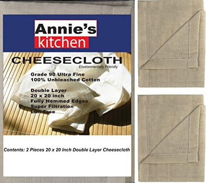  Annie's Kitchen Cheesecloth, 20x20 Inch, Grade 90 100% Unbleached Pure Cotton Muslin Cloth For Straining, Ultra Fine Reusable Hemmed Edge Double Layer Cheese Cloth Fabric For Jams, Cold Brew Coffee