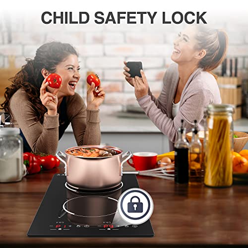  Double Induction Cooktop, Portable Induction Cooker With 2 Burner Independent Control, Ultrathin Body, 9 Temperature, 2300W-Multiple Power Levels, 2 Hour Timer, Safety Lock