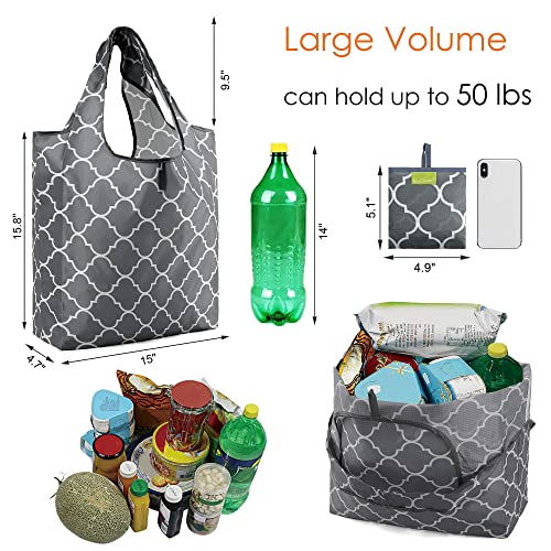 BeeGreen Shopping Bags Reusable Grocery Tote Bags 6 Pack XLarge 50LBS Ripstop Geometric Fashion Recycling Bags With Pouch Bulk Machine Washable Nylon Bags Black Gray Blue Navy Teal Christmas