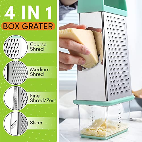  Professional Box Grater With Storage Container, Stainless Steel & Soft Grip Handle, 4 Sides, Handheld Kitchen Food Shredder Best For Parmesan Cheese, Vegetables, Ginger, 10" Mint