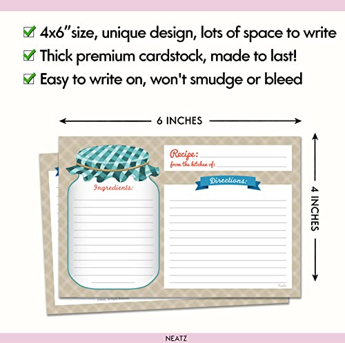  Mason Jar Recipe Cards - 50 Double Sided Cards, 4x6 Inches. Thick Card Stock