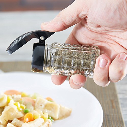  Moisture Proof Salt & Pepper Shakers - 1.5 Oz - Glass W/Black & White Lids Spring Loaded, No Clog, Set Of 2