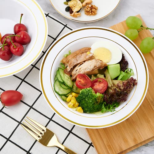  50PCS Plastic Bowls With Gold Rim-12oz Disposable Soup Bowls, Christmas Thanksgiving Premium Dessert Salad Bowls For Wedding/Party