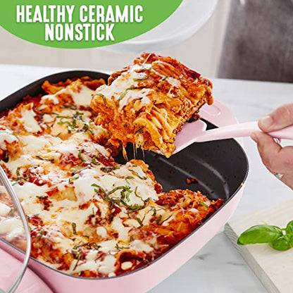  Healthy Ceramic Nonstick, 12" 5QT Square Electric Skillet With Glass Lid, Dishwasher Safe, Adjustable Temperature Control, PFAS-Free, Pink