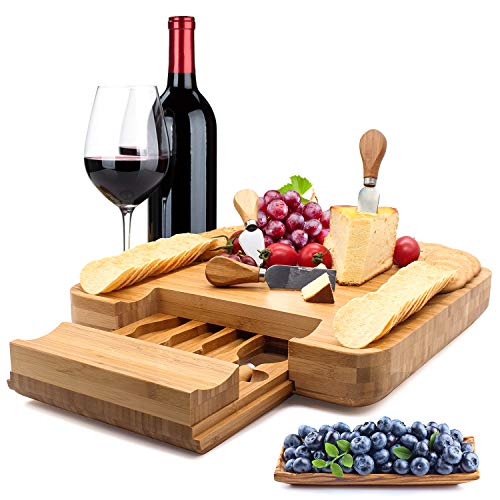  Bamboo Cheese Board Set Cheese Plate 13'' X 13'' With Integrated Slide-Out Drawer And 4 Specialist Cheese Knives Set