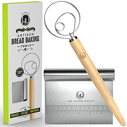  Bread Making Tools And Supplies - Set Of 2 - Danish Dough Whisk And Bench Scraper - Dough Hook With Bread Scraper - Easy To Clean - Great For Baking Homemade Sourdough, Pizza, Pastry, Cookies By LHU