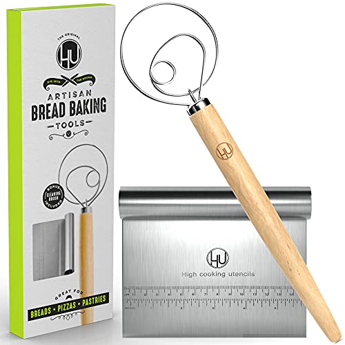  Bread Making Tools And Supplies - Set Of 2 - Danish Dough Whisk And Bench Scraper - Dough Hook With Bread Scraper - Easy To Clean - Great For Baking Homemade Sourdough, Pizza, Pastry, Cookies By LHU