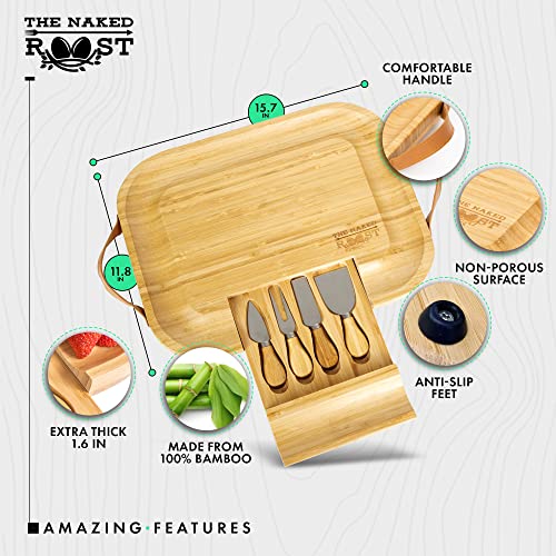  Bamboo Cheese Board And Knife Set - Wooden Charcuterie Tray With Leather Handles And Slide Out Drawer - Entertaining Essential For Wine And Cheese Lovers - Cheese Boards Charcuterie Boards