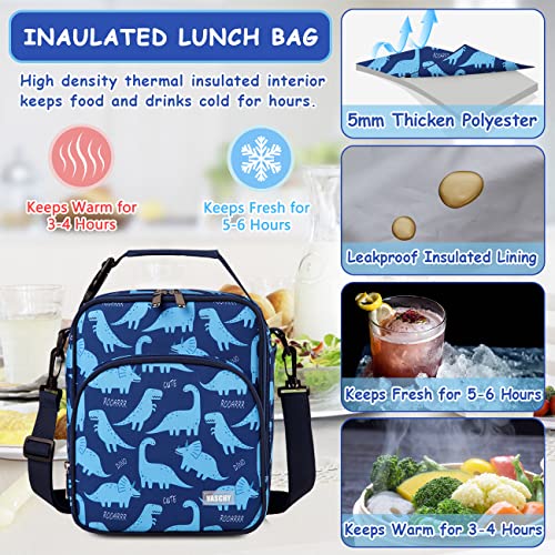  Lunch Boxes Bag For Kids, Insulated Lunchbox Reusable Containers For Boys With Detachable Shoulder Strap For School Blue Dinosaur
