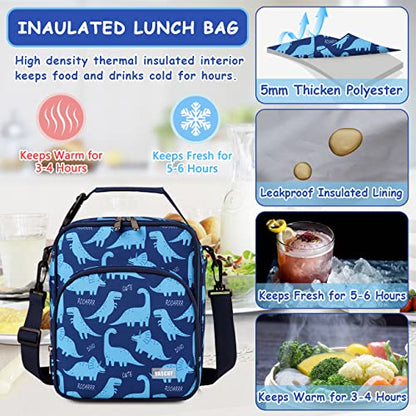  Lunch Boxes Bag For Kids, Insulated Lunchbox Reusable Containers For Boys With Detachable Shoulder Strap For School Blue Dinosaur