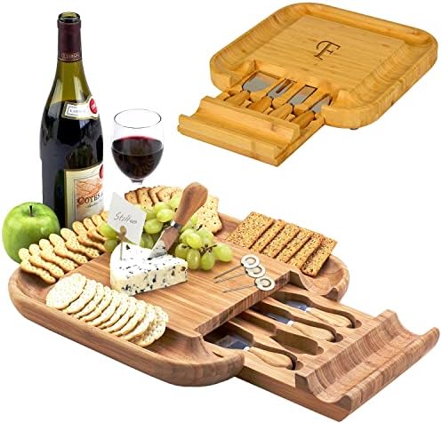  Ersonalized Monogrammed Engraved Bamboo Cutting Board For Cheese & Charcuterie With Knife Set & Cheese Markers- Designed & Quality Checked In USA