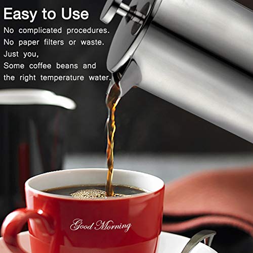  French Press Coffee Maker Stainless Steel Double Wall Insulated Large Capacity 1 Liter 1000ml 34oz 8Cup And Dishwasher Safe Metal Coffee-Press For Camping Travel Silver