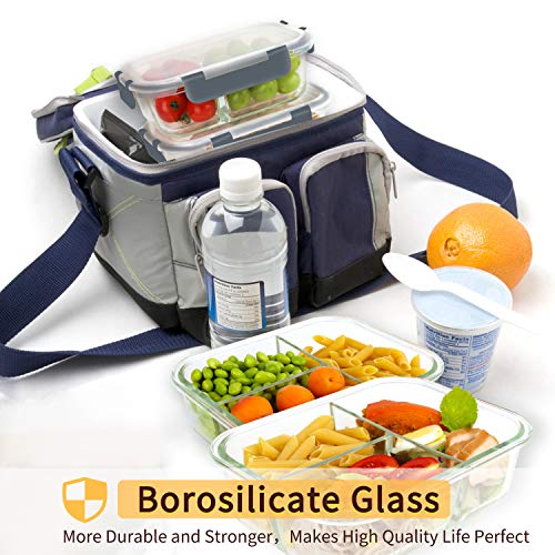  8 Pack Glass Meal Prep Containers 3 Compartment, Glass Food Storage Containers With Lids, Airtight Glass Lunch Bento Boxes, BPA-Free & Leak Proof (8 Lids & 8 Containers) - Grey