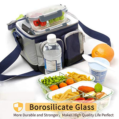  8 Pack Glass Meal Prep Containers 3 Compartment, Glass Food Storage Containers With Lids, Airtight Glass Lunch Bento Boxes, BPA-Free & Leak Proof (8 Lids & 8 Containers) - Grey