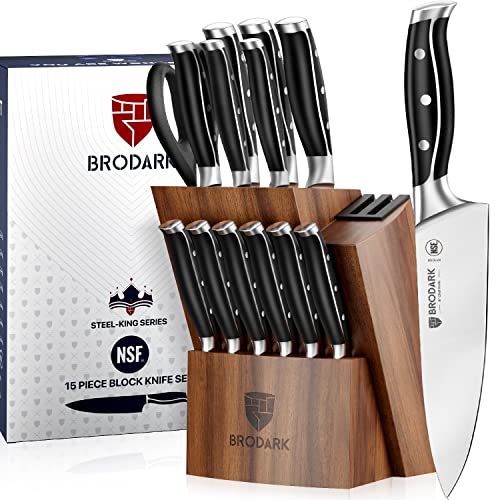  Kitchen Knife Set With Block, Full Tang 15 Pcs Professional Chef Knife Set With Knife Sharpener, NSF (Food Safe) German Stainless Steel Knife Block Set, Steel-king Series With Gift Box