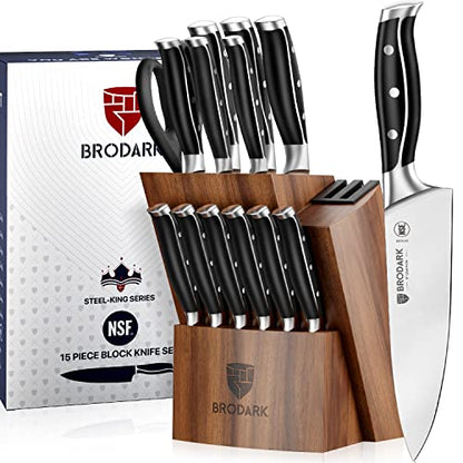  Kitchen Knife Set With Block, Full Tang 15 Pcs Professional Chef Knife Set With Knife Sharpener, NSF (Food Safe) German Stainless Steel Knife Block Set, Steel-king Series With Gift Box