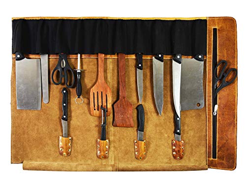  Aron Leather Goods Vendimia Estilo Leather Knife Roll Storage Bag, Elastic And Expandable 10 Pockets, Adjustable/Detachable Shoulder Strap, Travel-Friendly Chef Knife Case Roll (Caramel, Leather)