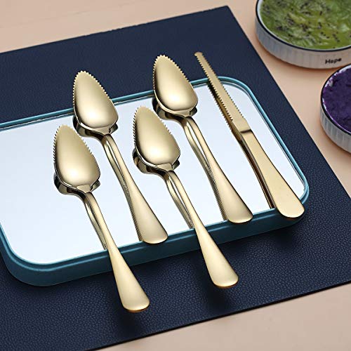 Gold Grapefruit Spoons 5 Pieces Set, 4 Stainless Steel Grapefruit Spoon And 1 Grapefruit Knife With Titanium Plating, Grapefruit Utensil Set, Serrated Edges Spoon Pack Of 5 (Gold)