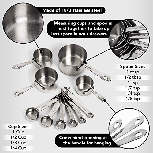  Stainless Steel Measuring Cups And Spoons Set - Heavy Duty, Metal Kitchen Measuring Set For Cooking And Baking Food For Dry Ingredients - Stackable Nesting Measuring Cups - Gordo Boss Measuring Spoons