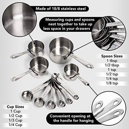  Stainless Steel Measuring Cups And Spoons Set - Heavy Duty, Metal Kitchen Measuring Set For Cooking And Baking Food For Dry Ingredients - Stackable Nesting Measuring Cups - Gordo Boss Measuring Spoons
