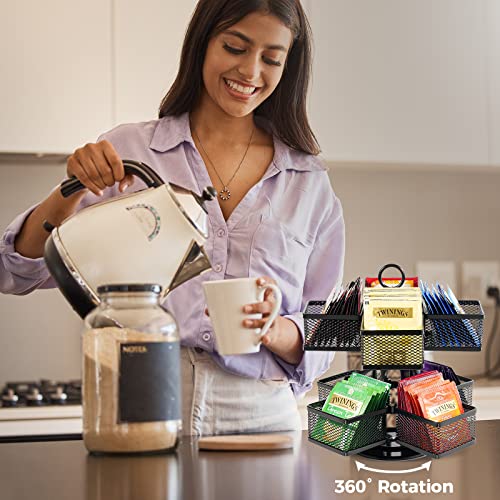  Tea Bag Organizer Storage Holder 360-Degrees Spinning Carousel, 8 Compartments, TeaBags Display Rack With Lazy Susan Platform For Kitchen Home Office Coffee Bar Station Pantry Counter -Black