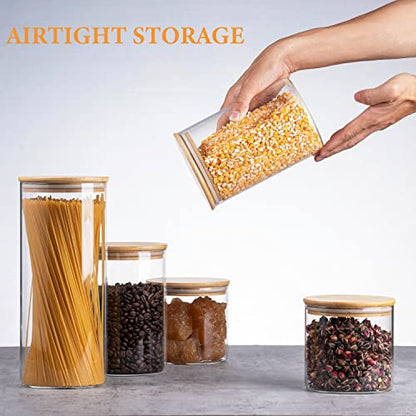  Glass Storage Jars [Set Of 5],Clear Glass Food Storage Containers With Airtight Bamboo Lid Stackable Kitchen Canisters For Candy,Cookie,Rice,Sugar,Flour,Pasta,Nuts And Spice Jars
