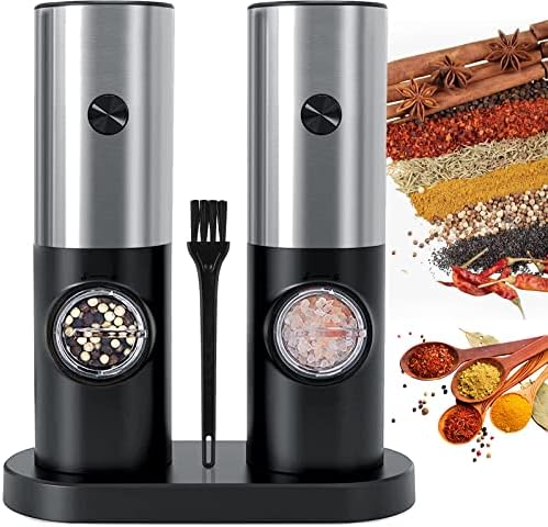  Electric Salt And Pepper Grinder Set, Automatic Salt & Pepper Mill Refillable With USB Rechargeable Base, 5 Adjustable Coarseness One Hand Operation, LED Light