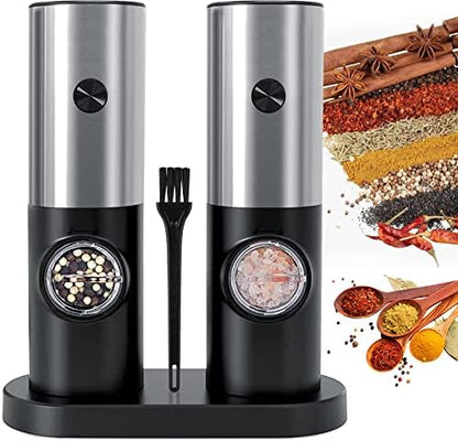  Electric Salt And Pepper Grinder Set, Automatic Salt & Pepper Mill Refillable With USB Rechargeable Base, 5 Adjustable Coarseness One Hand Operation, LED Light