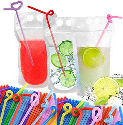  100 Pcs Drink Pouches With Straws, Freezable Drink Bags Juice Pouches, Reclosable Zipper Plastic Clear Reusable Drink Container Sets With Straw For Adults Cold & Hot Drinks
