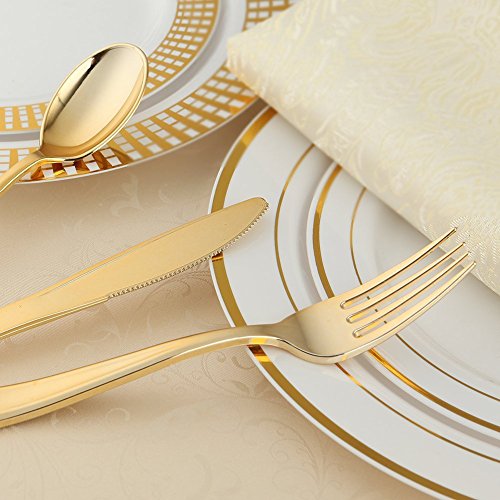  180 Pieces Disposable Plastic Gold Silverware Cutlery - Plastic Flatware Set 60 Forks, 60 Knives And 60 Spoons - Heavy Duty Gold Plastic Cutlery - Gold Utensils For Party, Wedding,Birthday