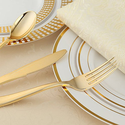  180 Pieces Disposable Plastic Gold Silverware Cutlery - Plastic Flatware Set 60 Forks, 60 Knives And 60 Spoons - Heavy Duty Gold Plastic Cutlery - Gold Utensils For Party, Wedding,Birthday